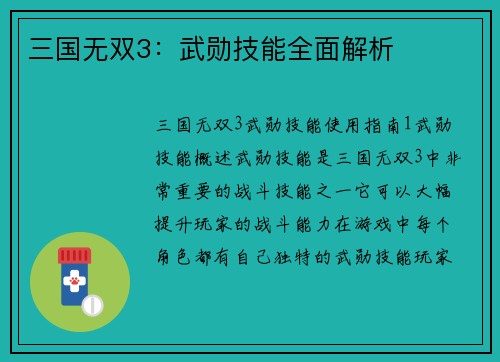 三国无双3：武勋技能全面解析