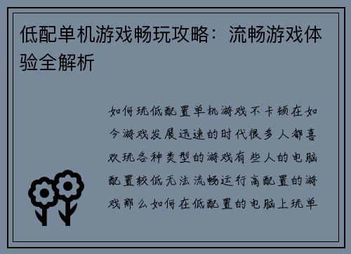 低配单机游戏畅玩攻略：流畅游戏体验全解析